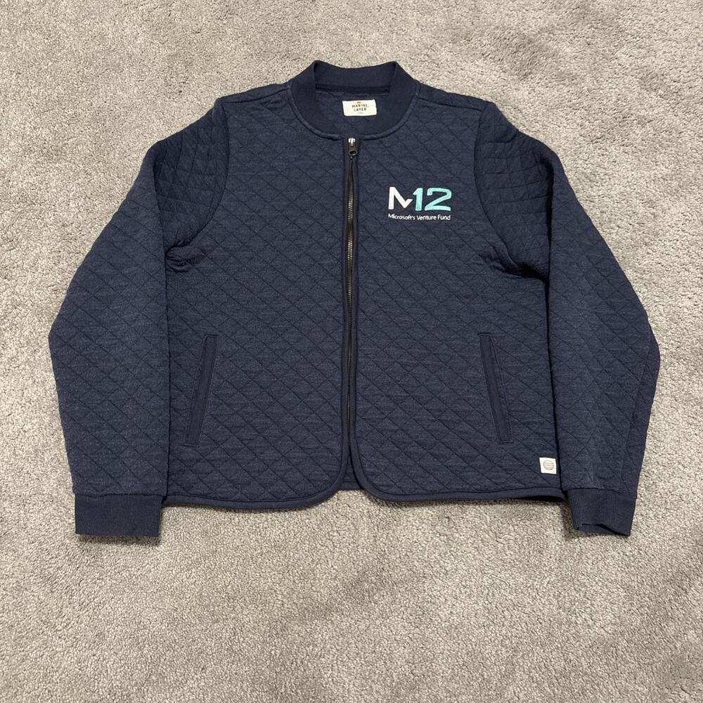 Marine Layer Jacket Womens Large Blue Quilted Bomber Full Zip Microsoft M12 Logo